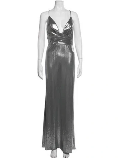 Pre-owned Mac Duggal Plunge Neckline Long Dress In Grey