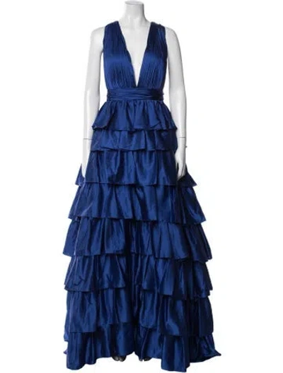 Pre-owned Mac Duggal Plunge Neckline Long Dress W/ Tags In Blue