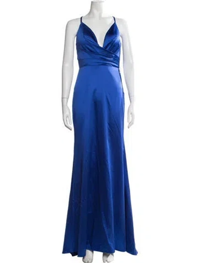 Pre-owned Mac Duggal Plunge Neckline Long Dress W/ Tags In Blue