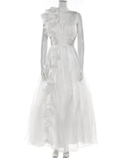 Pre-owned Mac Duggal Plunge Neckline Long Dress In White