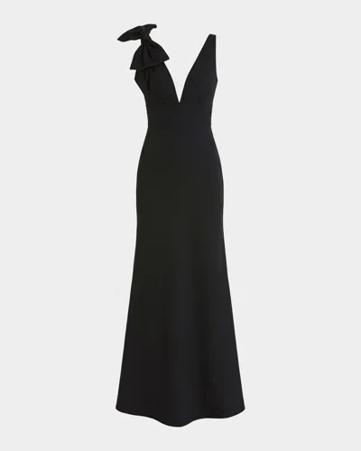 Mac Duggal Plunging High-low Ruffle Crepe Gown In Black