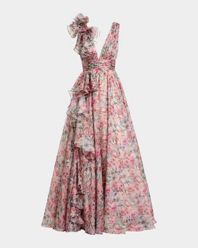 Mac Duggal Ruffle Shoulder V-neck Printed Chiffon Gown In Pink Multi