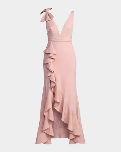Mac Duggal Plunging High-low Ruffle Crepe Gown In Neutral