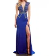 Mac Duggal Plunging Neck Full Length Gown In Royal/silver In Multi