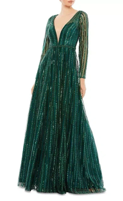 Pre-owned Mac Duggal Plunging Striped Sequin Long Sleeve Gown Women's 4 Emerald Back Zip In Green