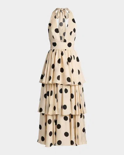 Mac Duggal Halter Neck Polka Dot Ruffle Maxi Dress In Neutral