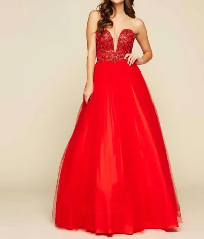 Mac Duggal Plunging V Neck Ball Gown In Red