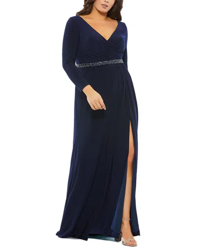 Mac Duggal Plus Beaded Belt Jersey Faux Wrap Multicolor Gown In Blue