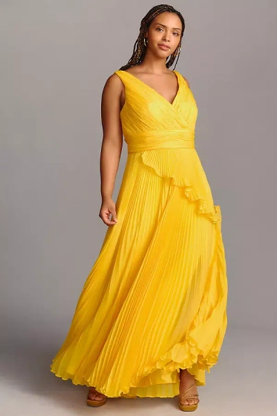 Mac Duggal Plus Chiffon Pleated V-neck Ruffle Gown In Yellow