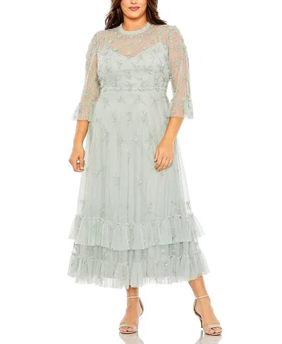 Mac Duggal Plus Flutter Half Length Sleeve High Neck Embellished Dress In Green