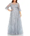 Mac Duggal Plus High Neck Flutter Sleeve Embellished A-line Gown In Blue