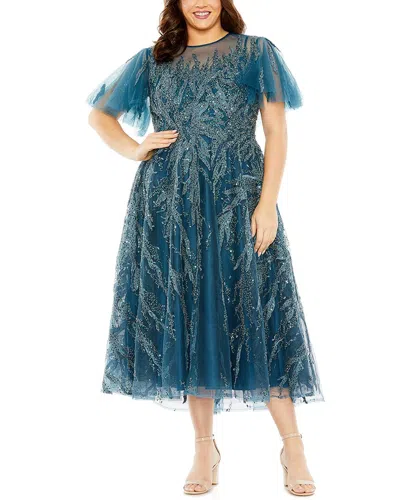 Mac Duggal Plus High Neck Flutter Sleeve Embellished A-line Dress In Blue