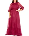 Mac Duggal High-neck Chiffon Dress With Puff Sleeves And Ruffle Tiered Skirt