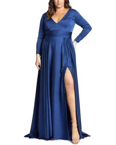 Mac Duggal Blue Quarter Sleeve V Neck A Line Gown In Midnight
