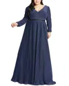 Mac Duggal Shimmering V-neck Evening Gown In Blue