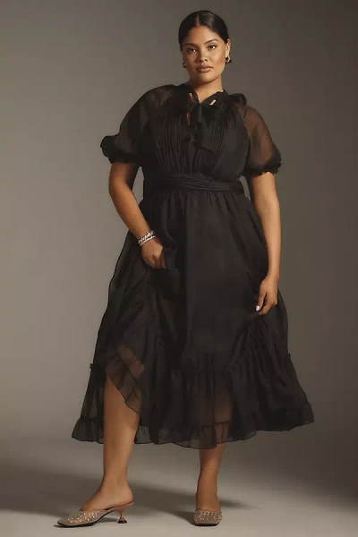 Mac Duggal Plus Short-sleeve Ruffled Chiffon Midi Dress In Black