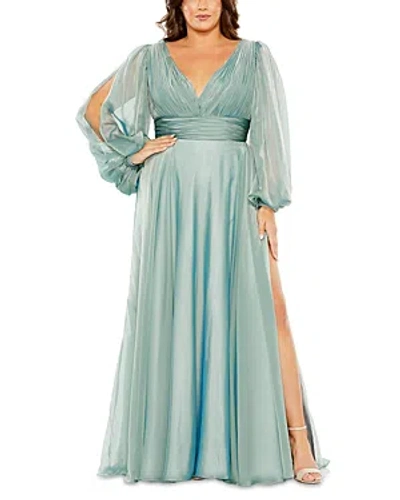Mac Duggal Plus V Neck Split Sleeve Gown In French Blue