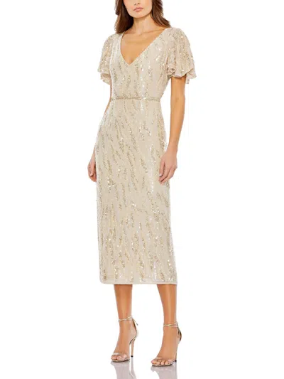 Mac Duggal Sequined V Neck Flutter Sleeve Tea Length Dress In Oyster