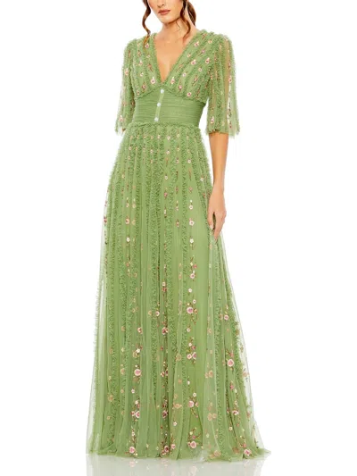 Mac Duggal Floral V-neck Ruffle Detail Empire Waist Gown In Moss Green
