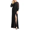 Mac Duggal Plus Size Lace Bodice & Jersey Long-sleeve Wrap Gown W/ Slit In Black