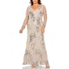 Mac Duggal V Neck Mesh Long Sleeve Embroidered Gown In Grey