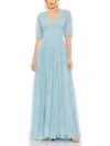 Mac Duggal V Neck Puff Sleeve Ruffle Tiered A Line Gown In Multi