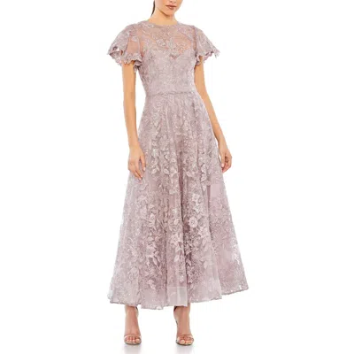 Mac Duggal Embroidered High Neck Cap Sleeve A Line Gown In Lavender In Pink