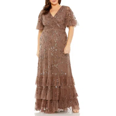 Mac Duggal Plus Womens Sequined Formal Evening Dress In Gold