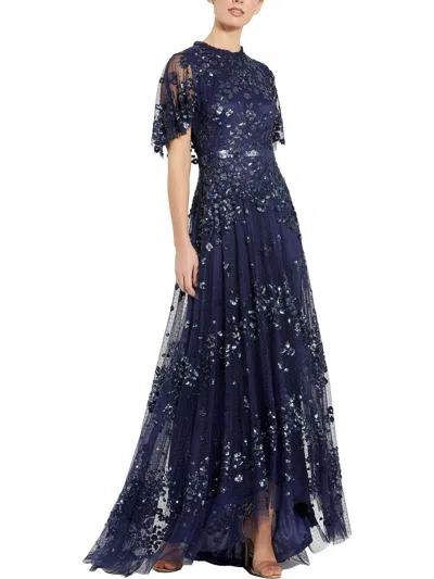Mac Duggal Sequined High Neck Flutter Sleeve A Line Gown In Blue