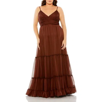 Mac Duggal Plus Womens Tiered Chiffon Evening Dress In Gold