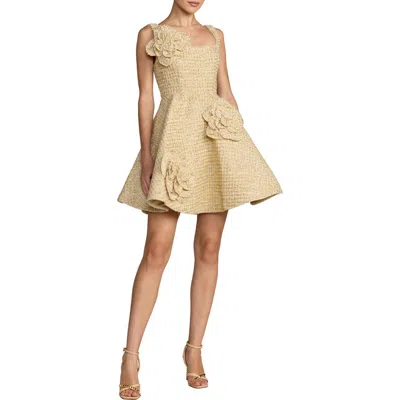 Mac Duggal Pocketed Sleeveless Boucle Floral Mini Dress In Gold