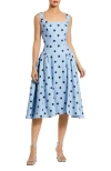 Mac Duggal Polka Dot A-line Midi Dress With Square Neck And Ruffle Gussets In Blue