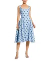 Mac Duggal Polka Dot A-line Midi Dress With Square Neck And Ruffle Gussets In Blue