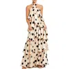 Mac Duggal Polka Dot Charmeuse Halter Tiered Ruffle Gown