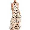 Mac Duggal Polka Dot Charmeuse Halter Tiered Ruffle Gown