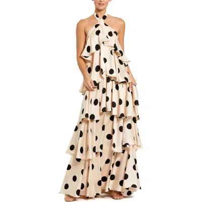 Mac Duggal Tiered Ruffle Polka Dot Charmeuse Gown In Cream Black In Neutral