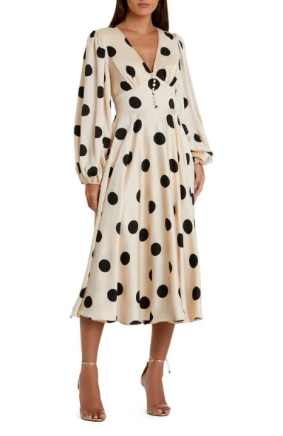 Mac Duggal Polka Dot Charmeuse Long Sleeve V Neck Midi Dress In Cream Black