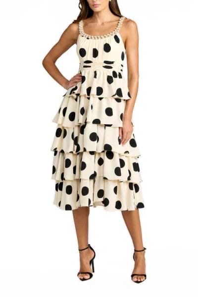 Mac Duggal Polka Dot Charmeuse Scoop Neck Ruffle Midi Dress In Neutral