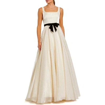 Mac Duggal Polka Dot Organza Square Neck Ballgown With Bow In White