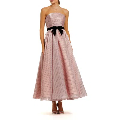 Mac Duggal Polka Dot Organza Strapless Bow Detail Ankle Dress In Pink