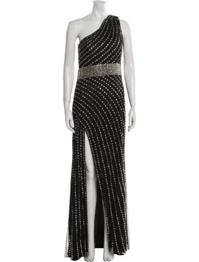 Pre-owned Mac Duggal Polka Dot Print Long Dress In Black