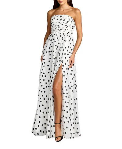 Mac Duggal Polka Dot Strapless Viscose Gown With Slit In White