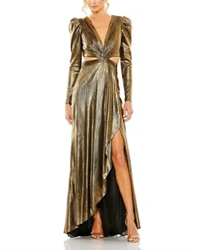 Mac Duggal Princess Sleeve Cut Out Metallic Gown In Gold