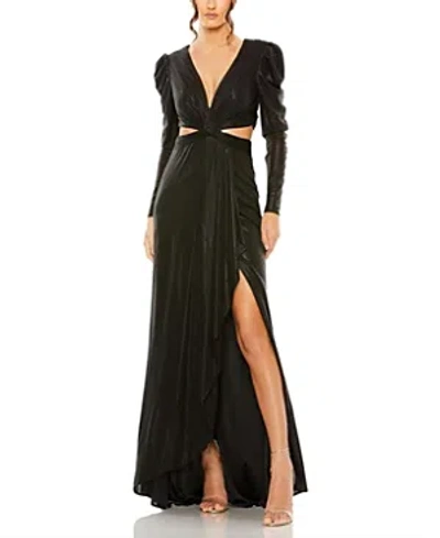 Mac Duggal Princess Sleeve Cut Out Metallic Gown In Black