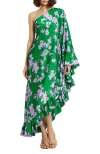 Mac Duggal Printed Charmeuse One Shoulder Draped Gown In Green