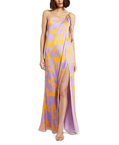 Mac Duggal Printed Charmeuse One Shoulder Gown With Slit In Yellow