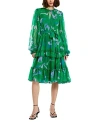 Mac Duggal Printed Chiffon Bishop Sleeve Ruffle Midi Dress In Green Multi