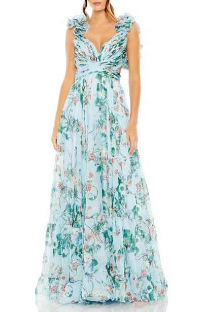MAC DUGGAL MAC DUGGAL PRINTED CHIFFON CUT-OUT LACE-UP BACK GOWN