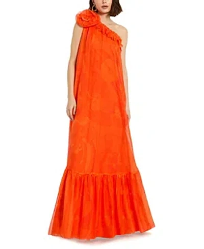Mac Duggal Printed Chiffon One Shoulder Rose Ruffle Gown In Orange