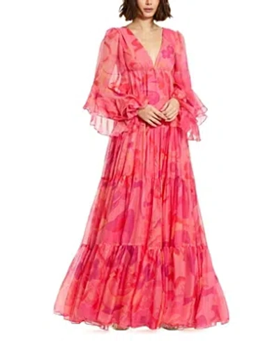 Mac Duggal Printed Chiffon Ruffle Long Sleeve V Neck Gown In Hibiscus Multi